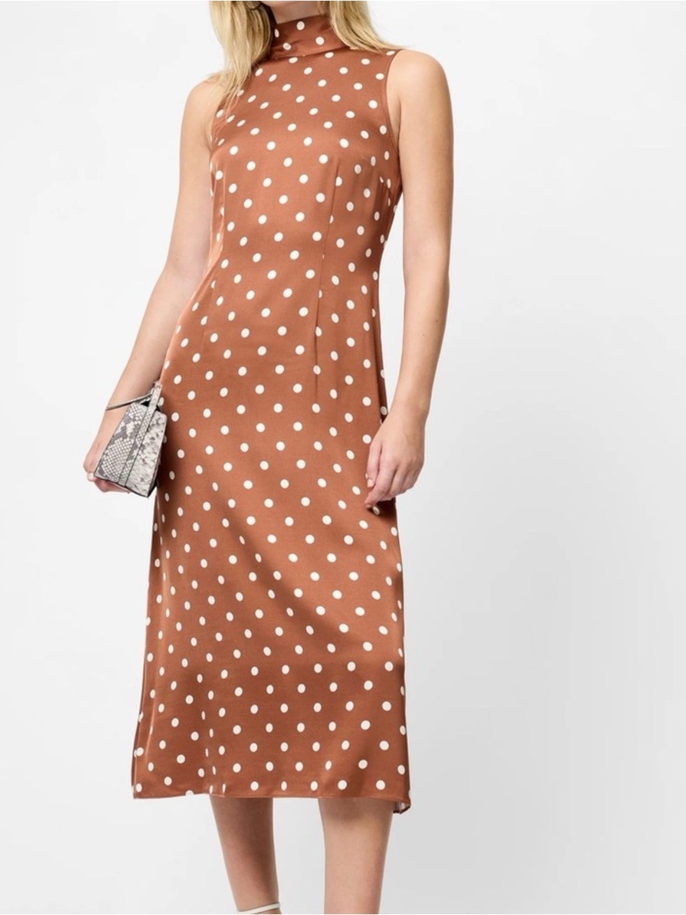 French Connection Rust Polka Dot High-Neck Midi Dress